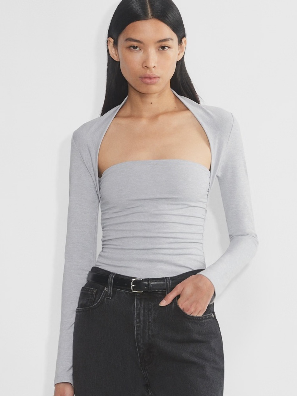 Aritzia | Contour Flourish Long Sleeve Top Grey Square-neck Ruched Cut Out Large